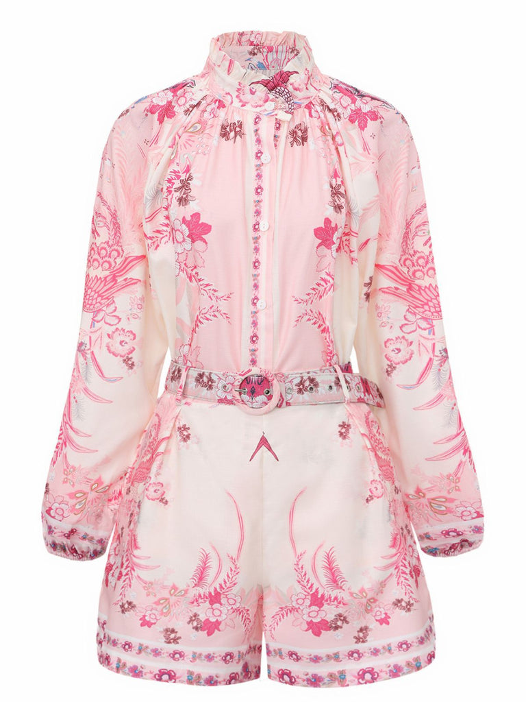 2PCS Pink 1970s Bohemian Floral Blouse & High-Waisted Shorts