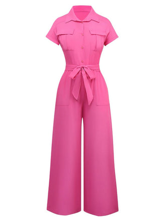 1930s Solid Lapel Button Belted Cargo Jumpsuit