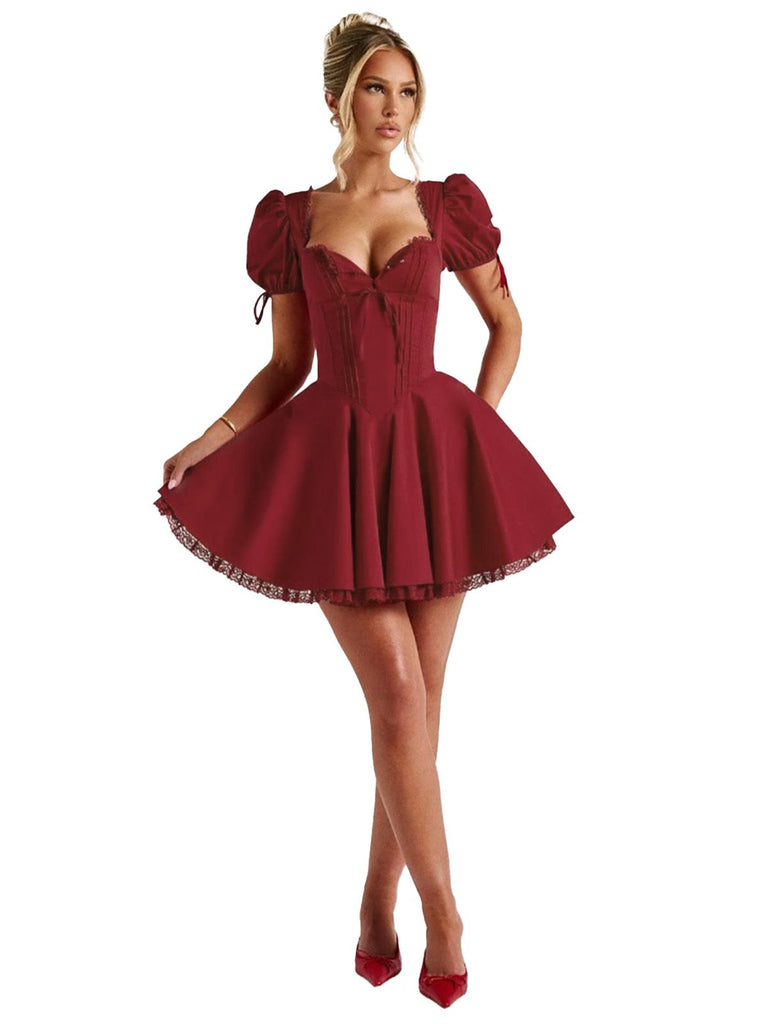 Red 1960s Solid Puff Sleeve Lace-up Dress