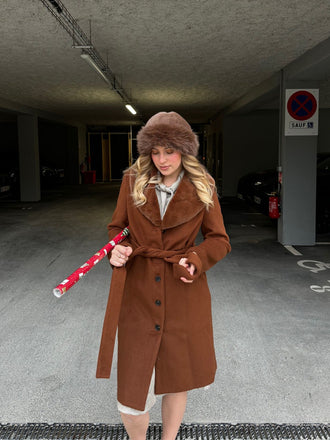 Brown 1940s Fur Collar Belted Coat