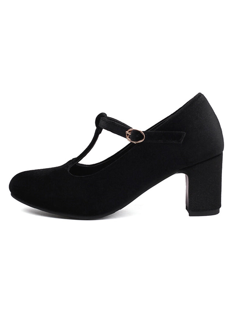 Vintage Velvet T-Strap Chunky Heel Shoes