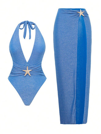 2PCS Lake Blue 1950s Star Lace-Up Halter Swimsuit & Cover-Up