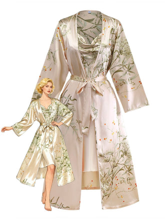 2PCS 1950s Floral Straps Satin Nightgown & Matching Robe
