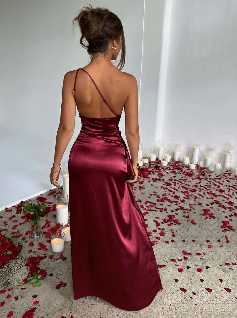 1960s One Shoulder Ruched Slit Satin Dress