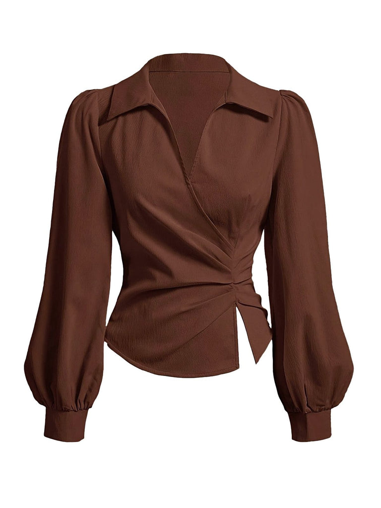 Coffee 1930s Lapel V-Neck Fitted Waist Lantern Sleeve Blouse