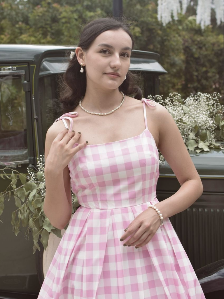 Pink 1950s Spaghetti Strap Plaid Swing Dress