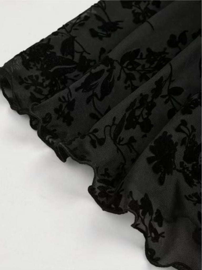 Black 1950s Lace Floral Bishop Sleeves Dress