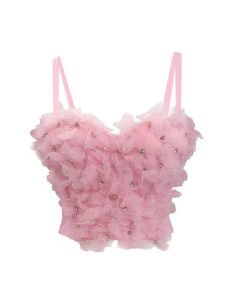 Pink 1970s 3D Floral Rhinestone Crop Top