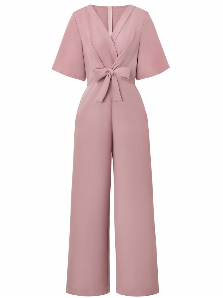 1940s Solid V-Neck Tie Short Sleeve Jumpsuit