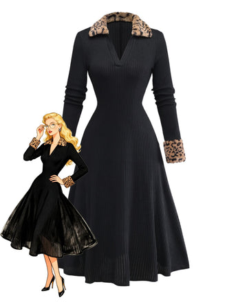 Black 1940s Leopard Faux Fur Trim Ribbed Knit Dress