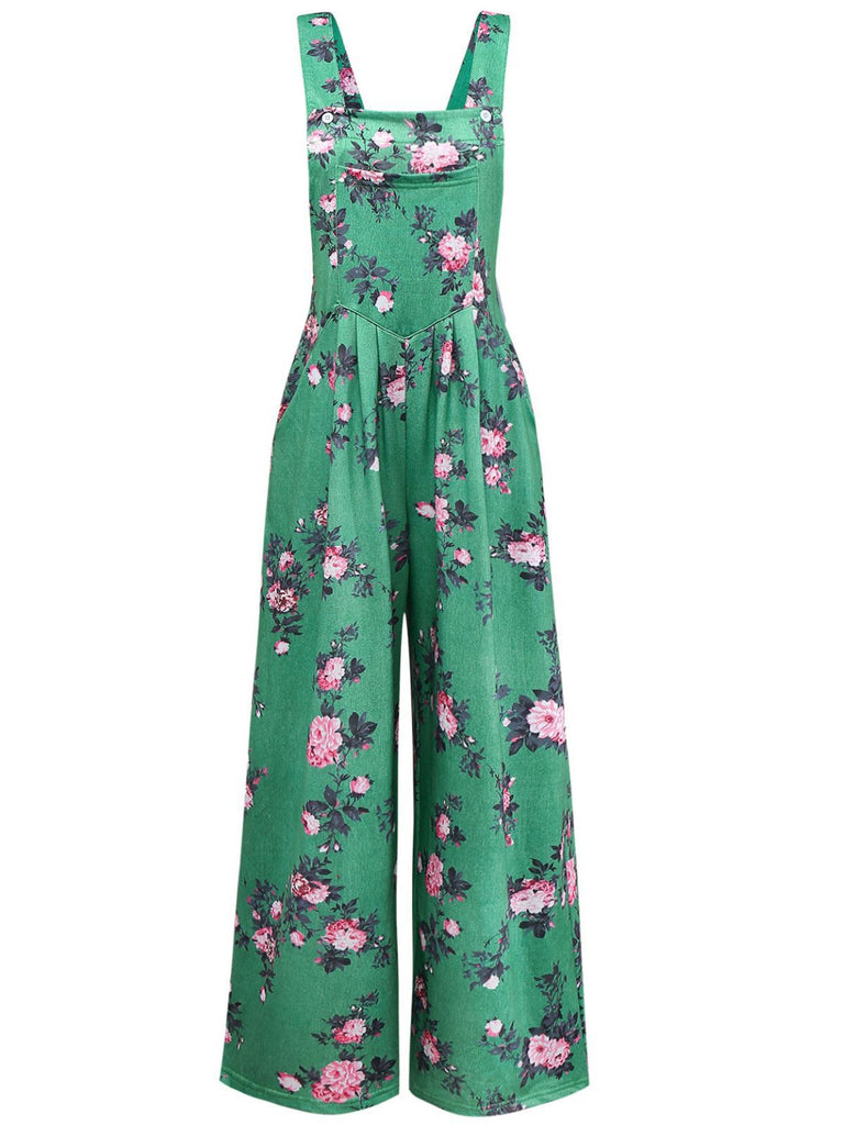 Green 1940s Floral Print Wide-Legged Jumpsuit