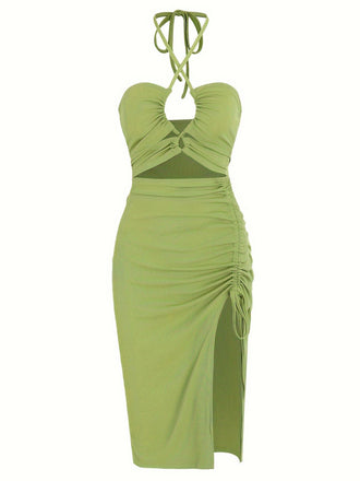 1960s Solid Drawstring Cut-Out Bodycon Dress