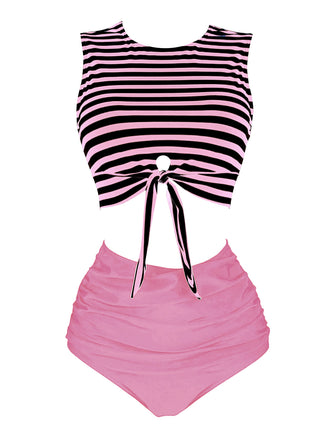 Pink 1970s Striped Waist Tie Patchwork Swimsuit
