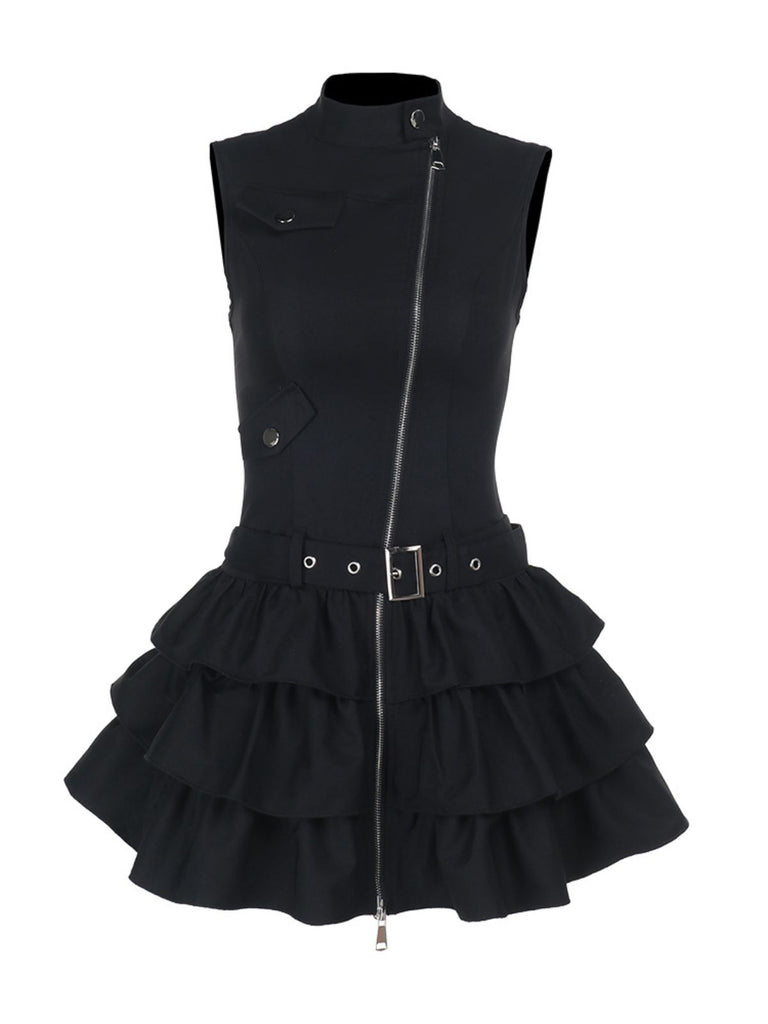 Black 1980s Steampunk Solid Zipper Belted Dress
