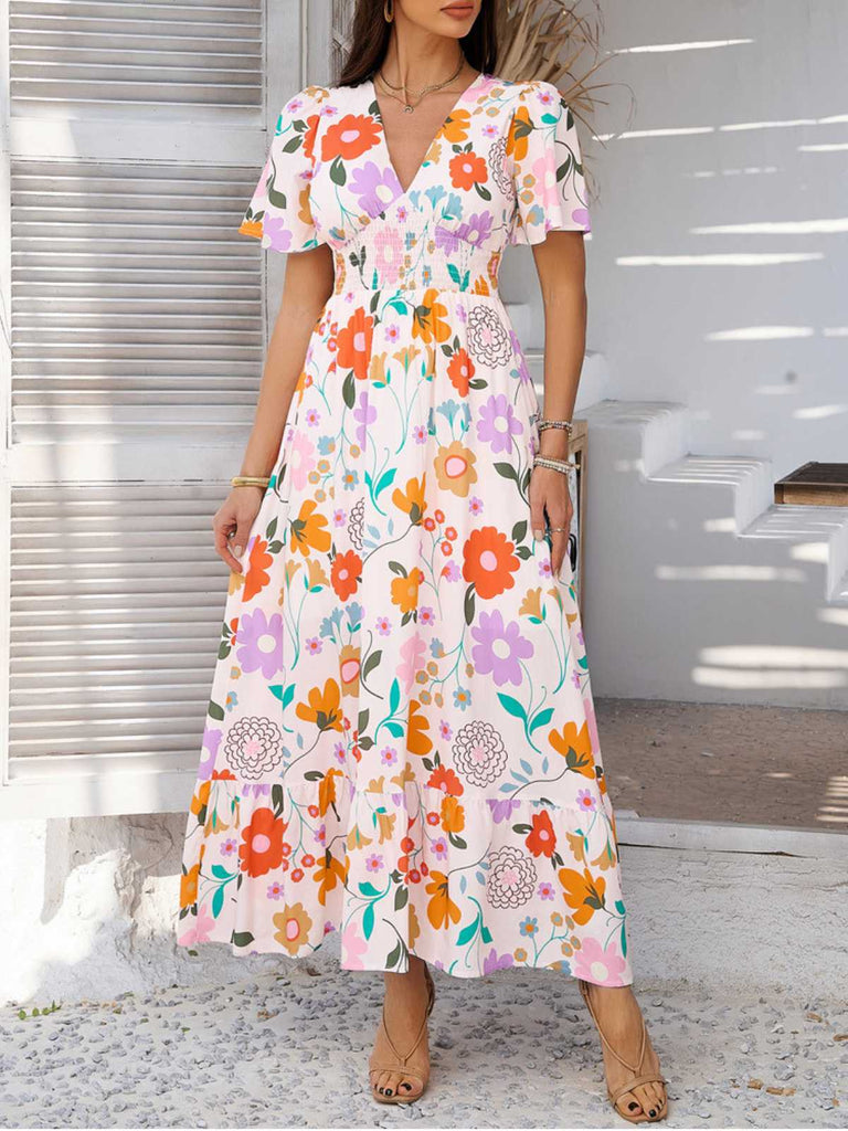 1970s V-Neck Boho Smocked-Waist Floral Dress
