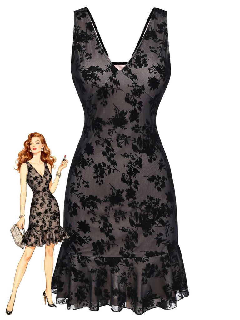 1960s V-Neck Floral Flocked Mesh Ruffle Hem Dress