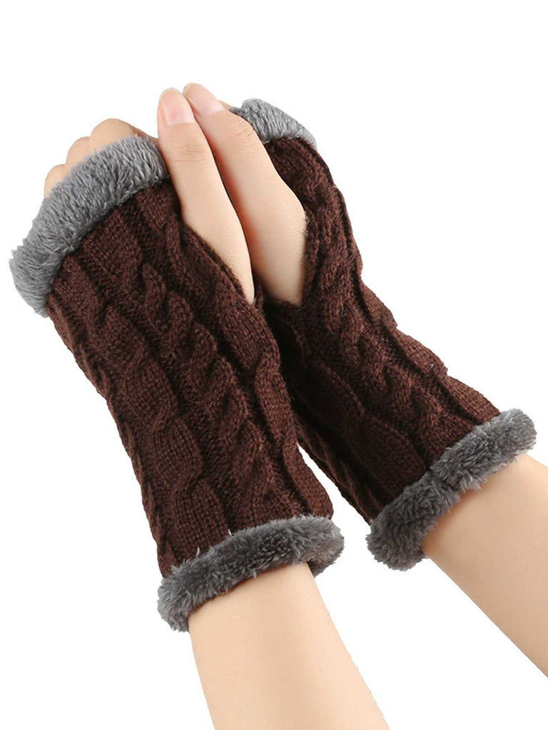 Winter Faux Fur Trim Knit Fingerless Gloves