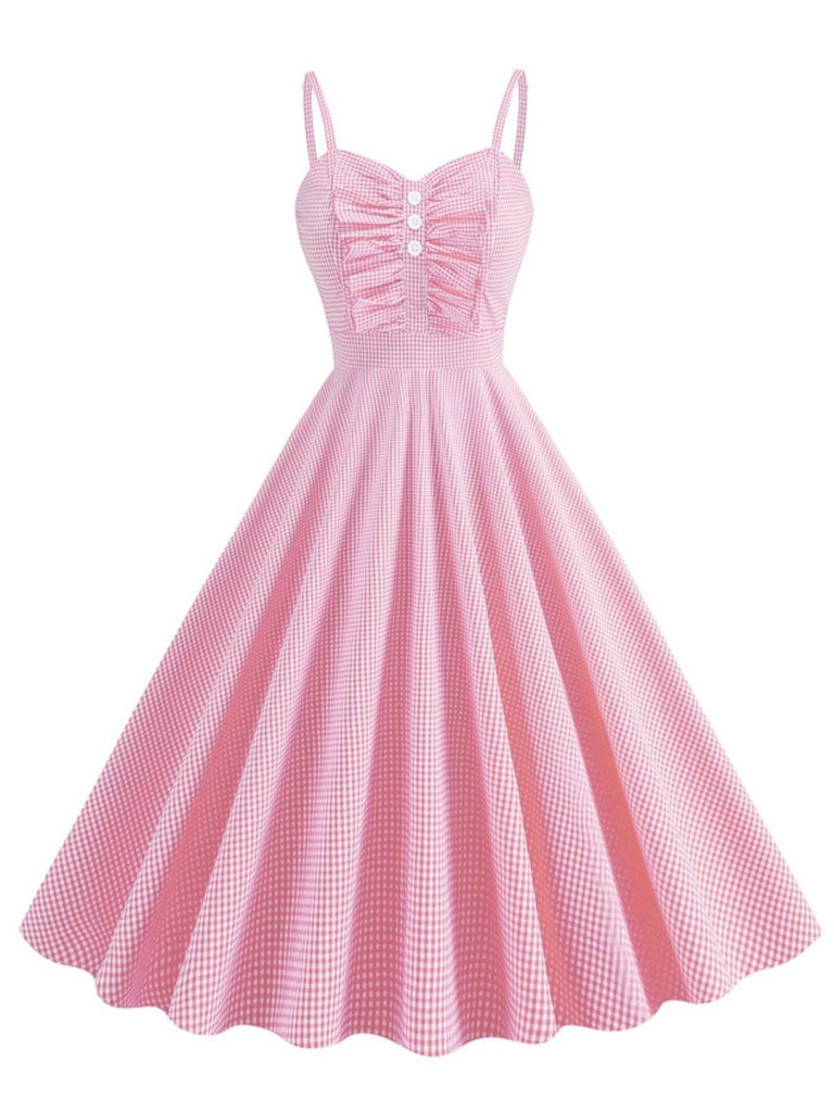1950s Spaghetti Strap Plaids Button Swing Dress