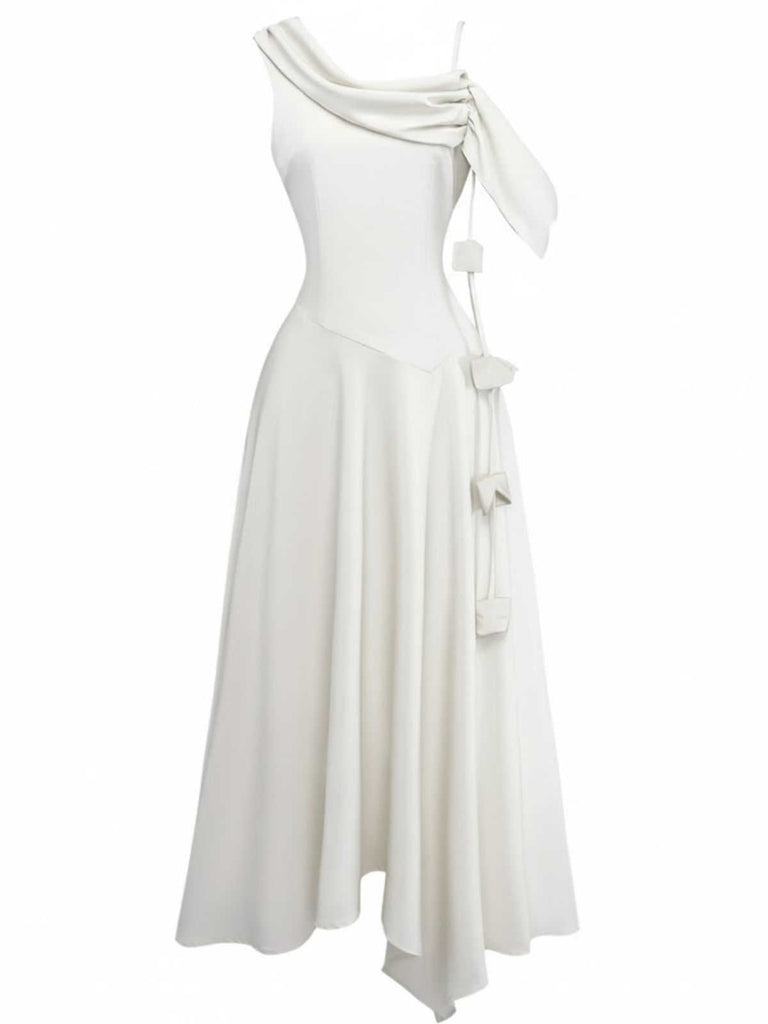 1980s Asymmetric One-Shoulder Draped Midi Dress