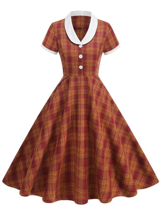 1950s Peter Pan Collar Plaid Swing Dress