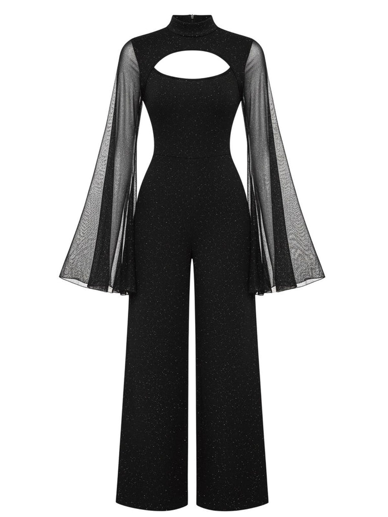 [Pre-Sale] Black 1930s Sparkly Cutout Jumpsuit with Cape