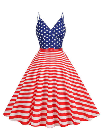 1950s V-Neck Star Stripes Flag Belted Swing Dress