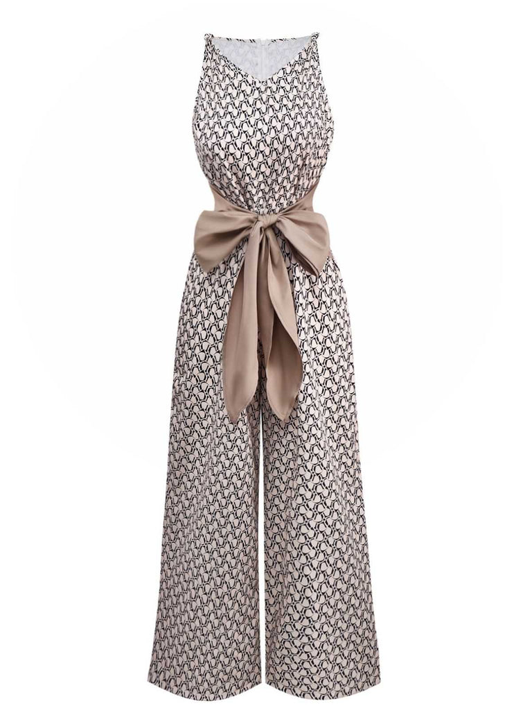 1970s Sleeveless Geometric Print Waist Bow Jumpsuit