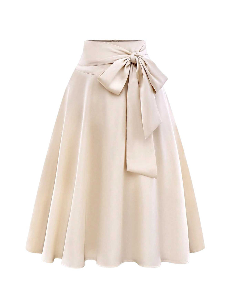 Beige 1970s Bow Tie Satin Skirt