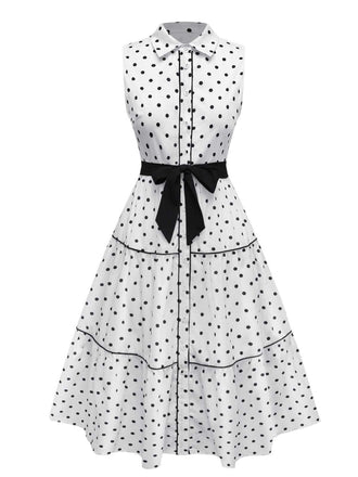1950s Polka Dot Belted Sleeveless Shirt Dress