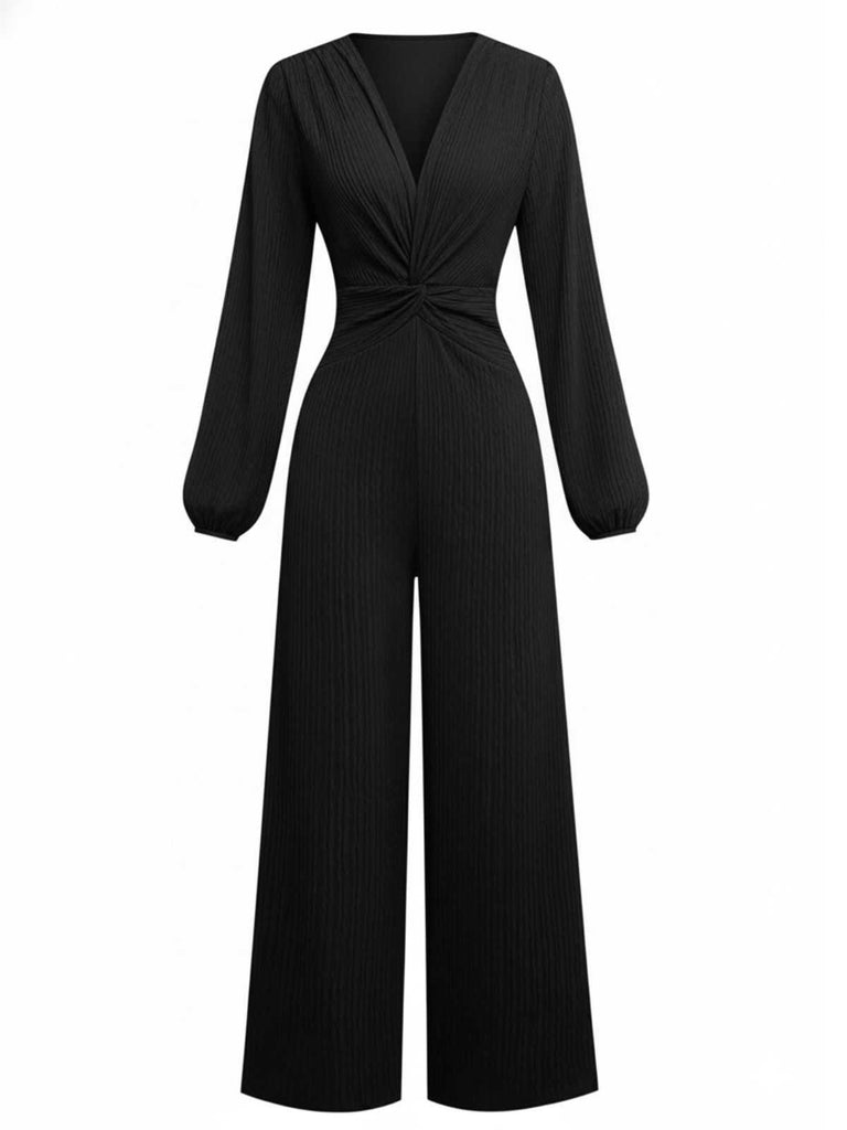 1970s V-Neck Solid Twist Long Sleeve Jumpsuit