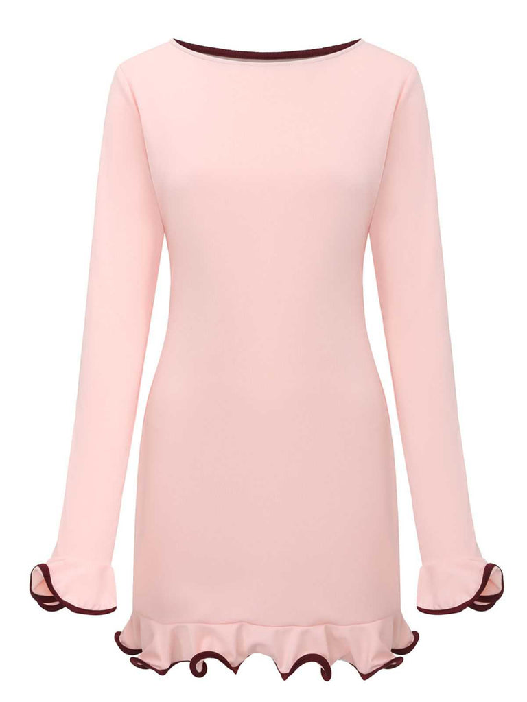 Pink 1960s Ruffle Hem Long Sleeve Dress