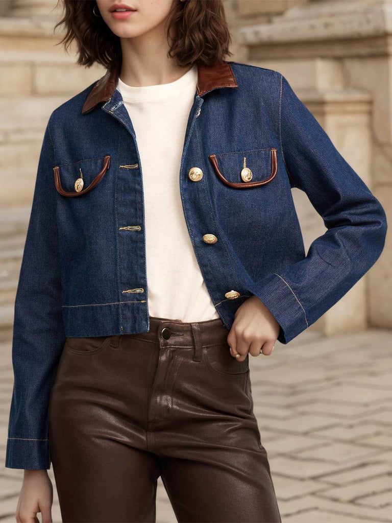 1950s Leather Collar Pocket Denim Jacket