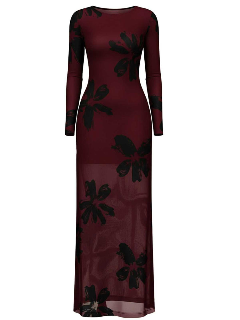 1930s Floral Mesh Long Sleeve Maxi Dress