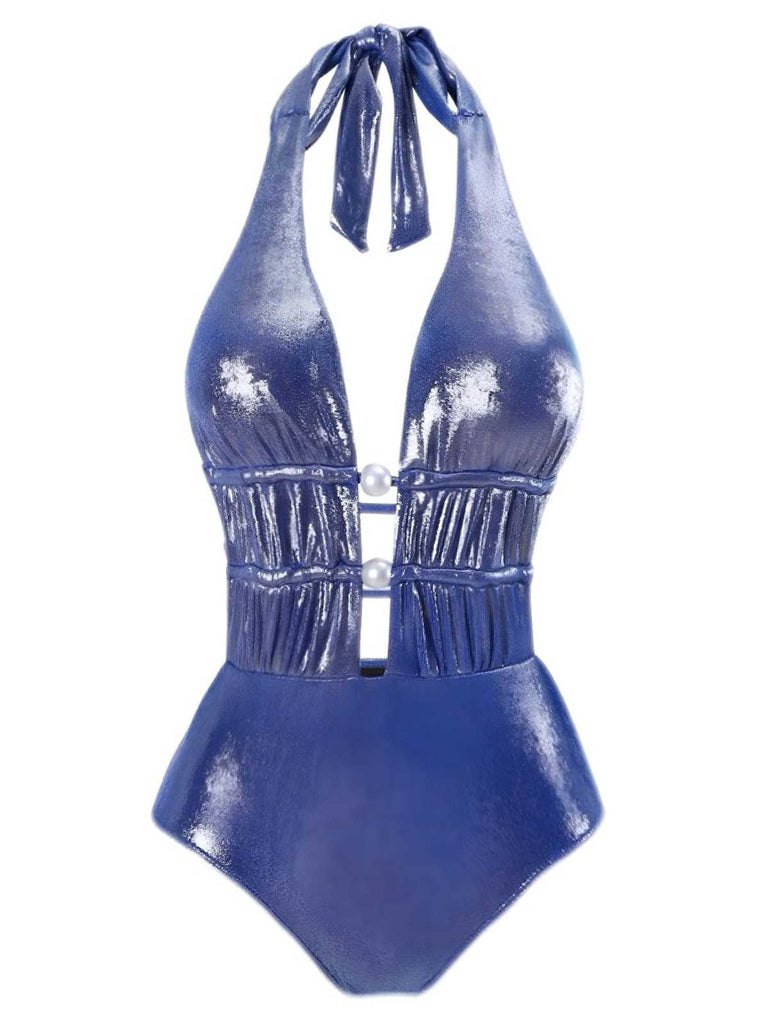 Blue 1970s Shimmery Halter Pearl One-Piece Swimsuit