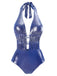 Blue 1970s Shimmery Halter Pearl One-Piece Swimsuit