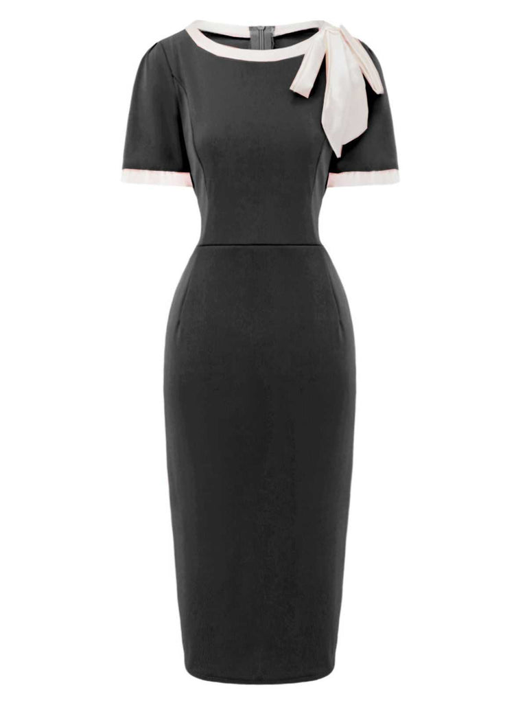 1960s Round Neck Colorblock Bow Bodycon Dress
