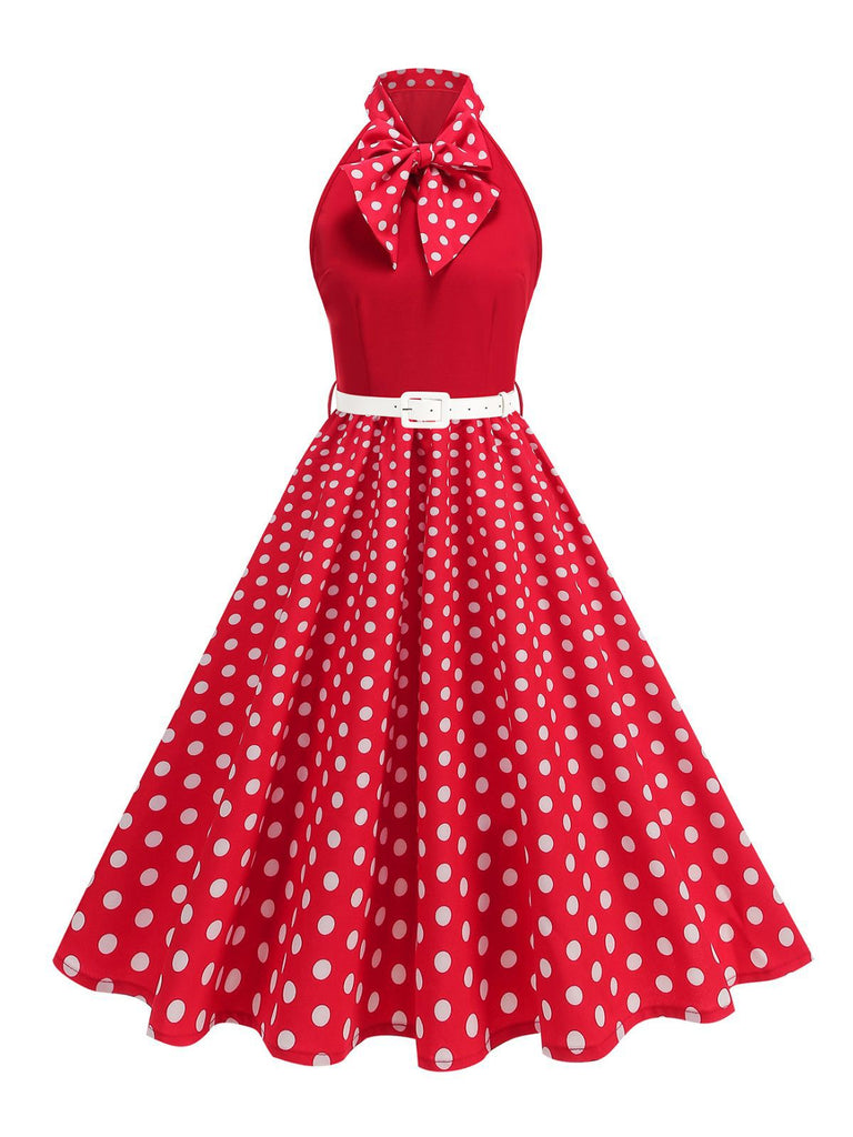 1950s Bow Tie Neck Polka Dot Belted Dress