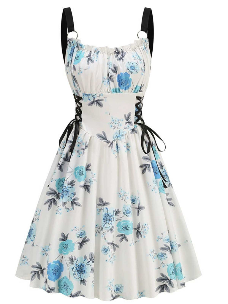1950s Strap Floral Butterflies Lace-Up Corset Dress