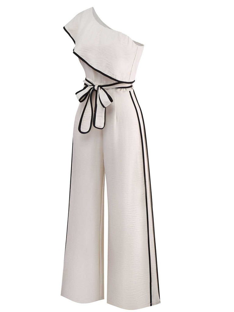 White 1970s One-Shoulder Ruffled Belted Jumpsuit