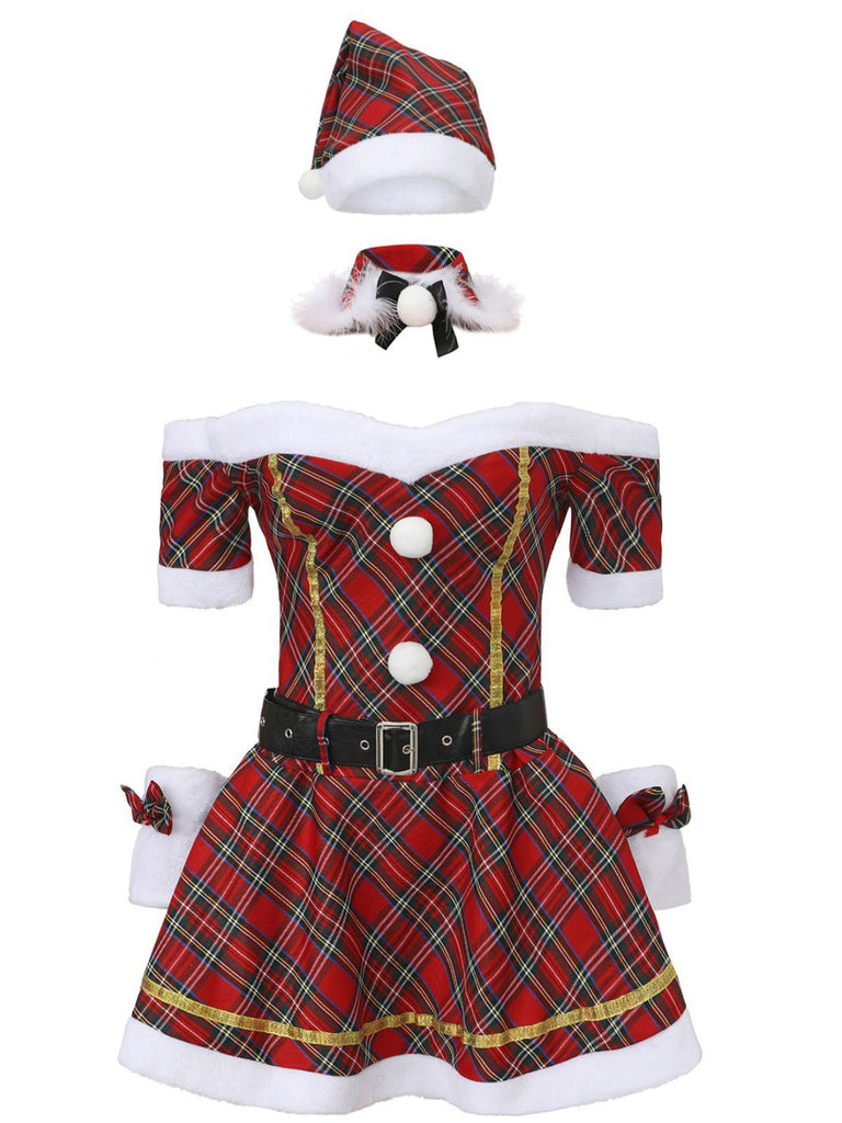 Red 1960s Off-Shoulder Plaid Christmas Dress Set
