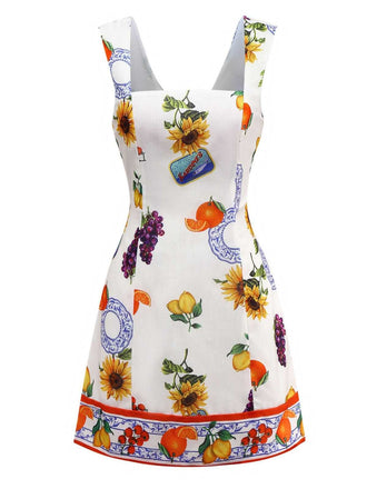 1960s Square Neck Fruit Sunflower Tie-Back Dress