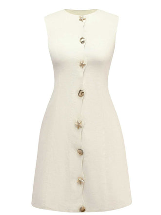 Beige 1960s Starfish Shell Buttons Sleeveless Dress