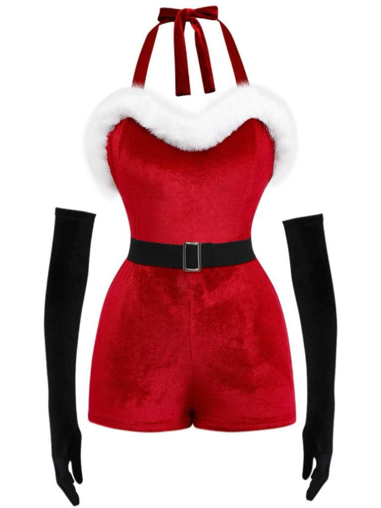 1970s Christmas Velvet Faux Fur Trim Halter Romper Set