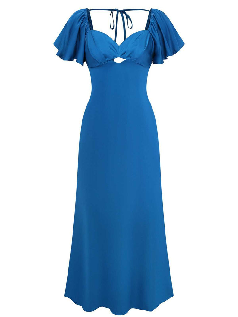 1930s Heart Neck Ruffled Sleeve Satin Dress