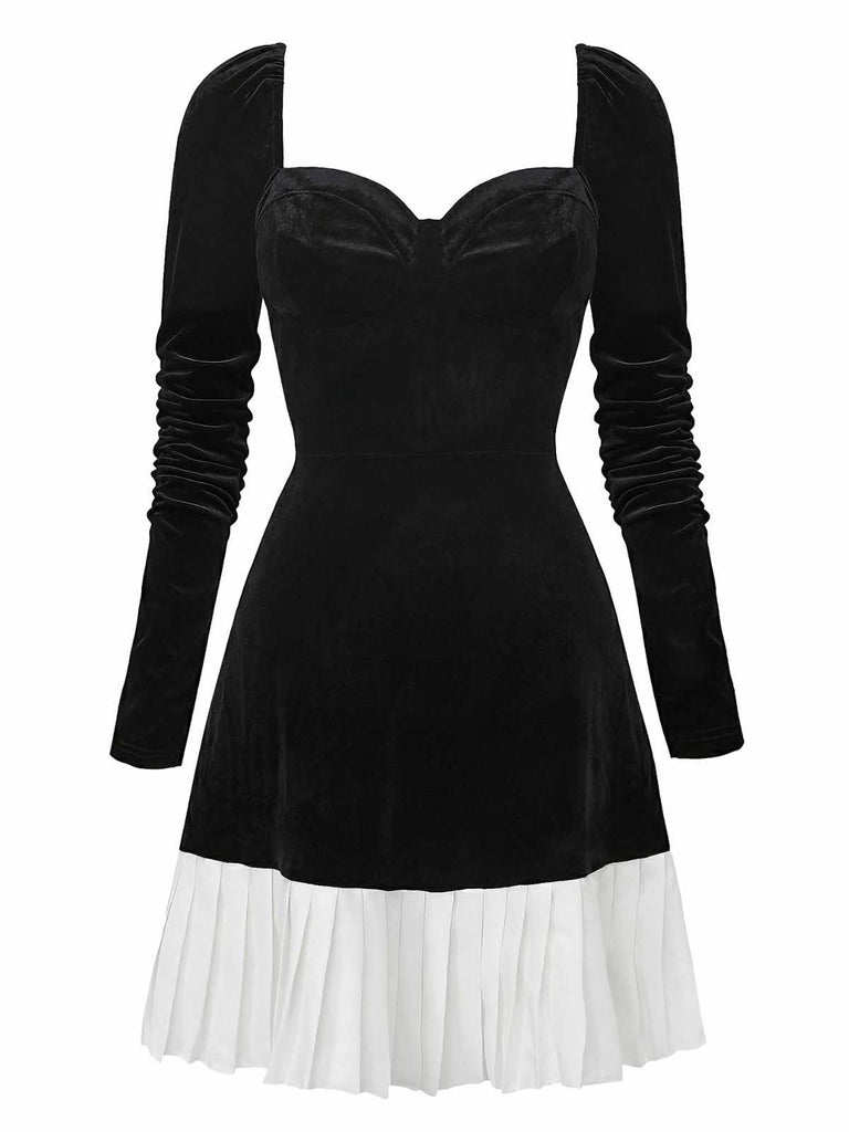 1960s Sweetheart Neck Contrast Velvet Pleated Hem Dress