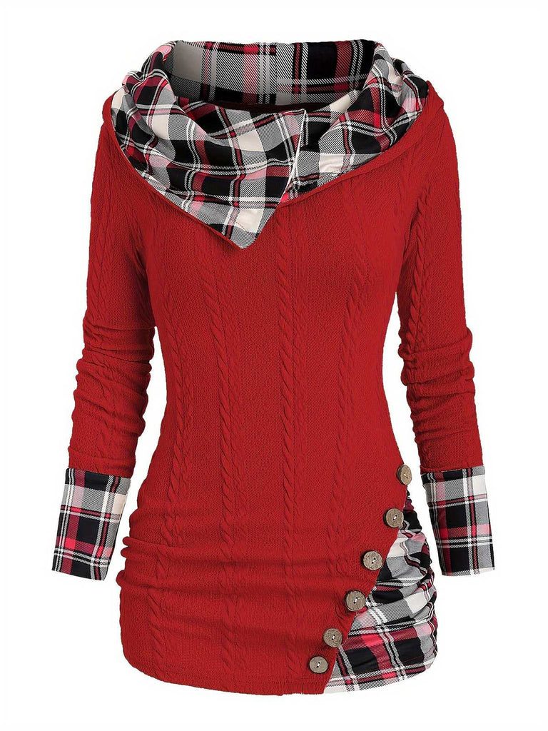 1940s Knit Plaid Button Hooded Sweater