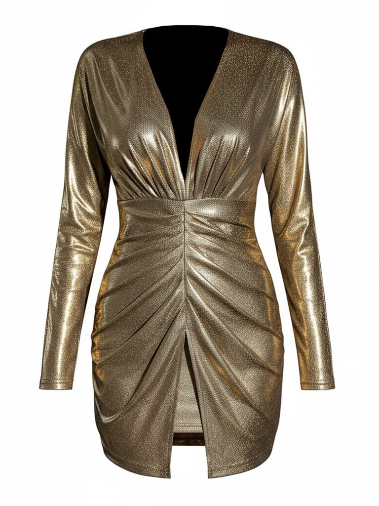 Gold 1980s Deep V Sparkle Ruched Bodycon Dress
