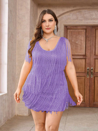 [Plus Size] Purple 1920s Sleeveless Fringe Dress