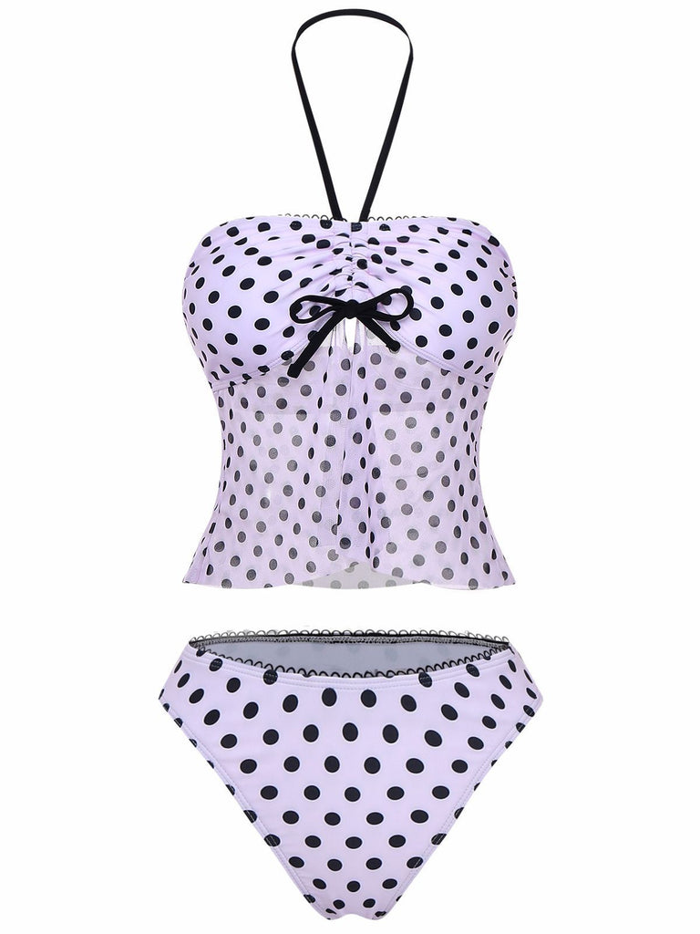 Pink 1950s Halter Polka Dot Bow Tankini Set