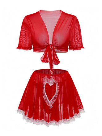 Red 1960s Heart Lace Cropped Pajama Set